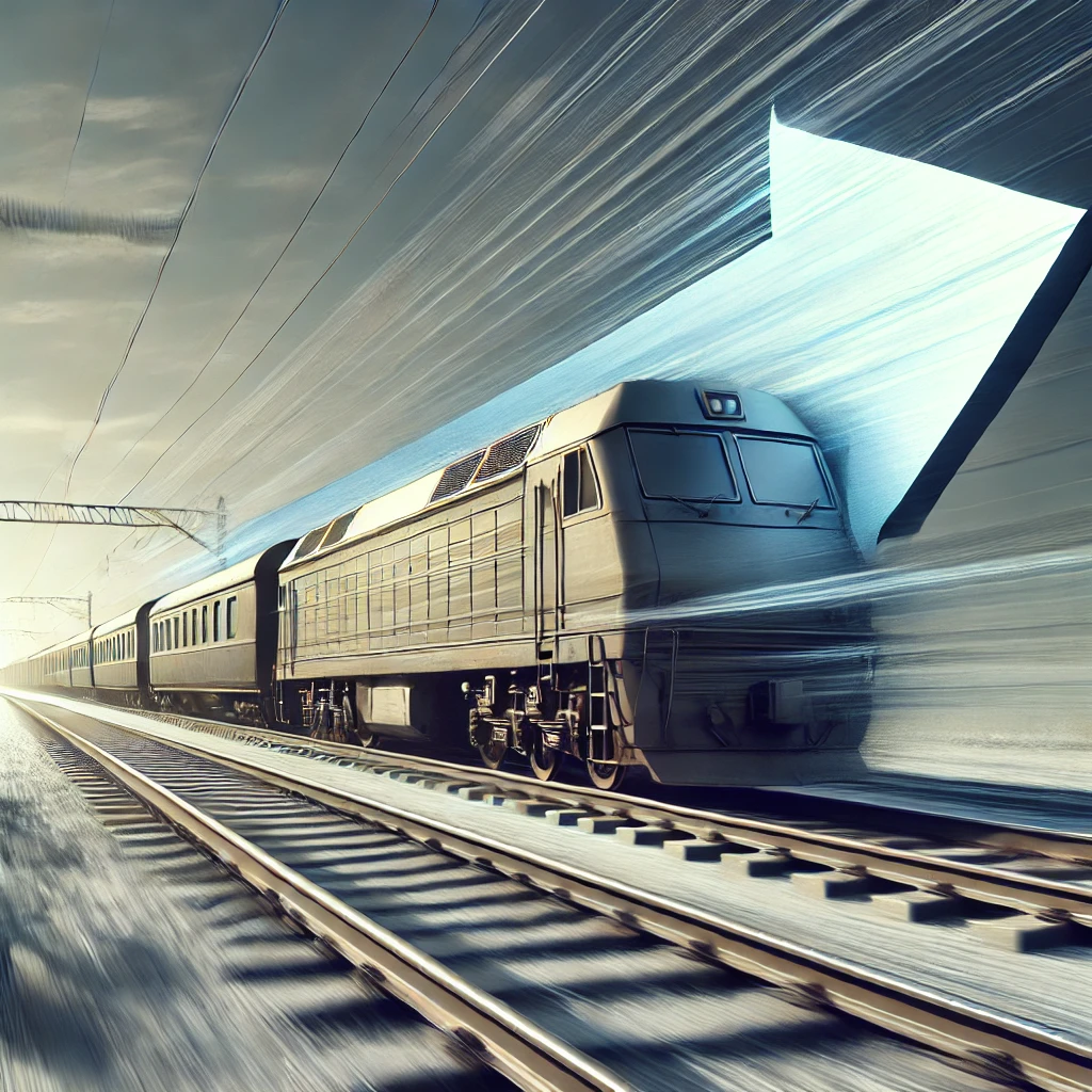 DALL·E 2024 08 13 11.32.33 A Realistic Image Of A Train Moving Along Railway Tracks. The Train Is Large With Several Carriages And Is Depicted In Motion. An Arrow Points Forwa