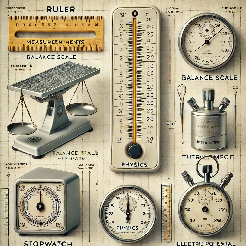 DALL·E 2024 08 14 19.13.56 A Detailed Image Showcasing Common Physics Measurement Instruments. The Image Should Include A Ruler Balance Scale Thermometer Stopwatch And Voltm